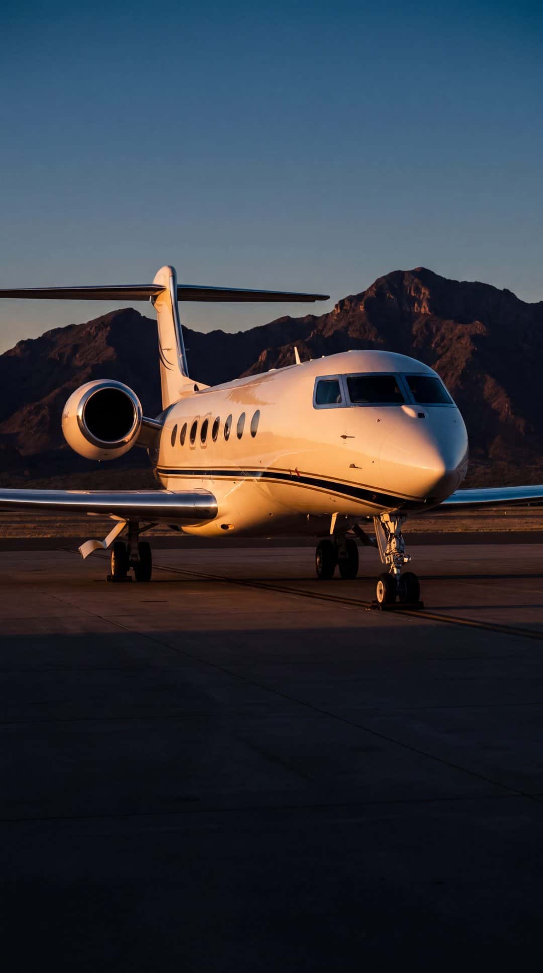 Un jet privado en la plataforma al atardecer, bajo montañas desérticas