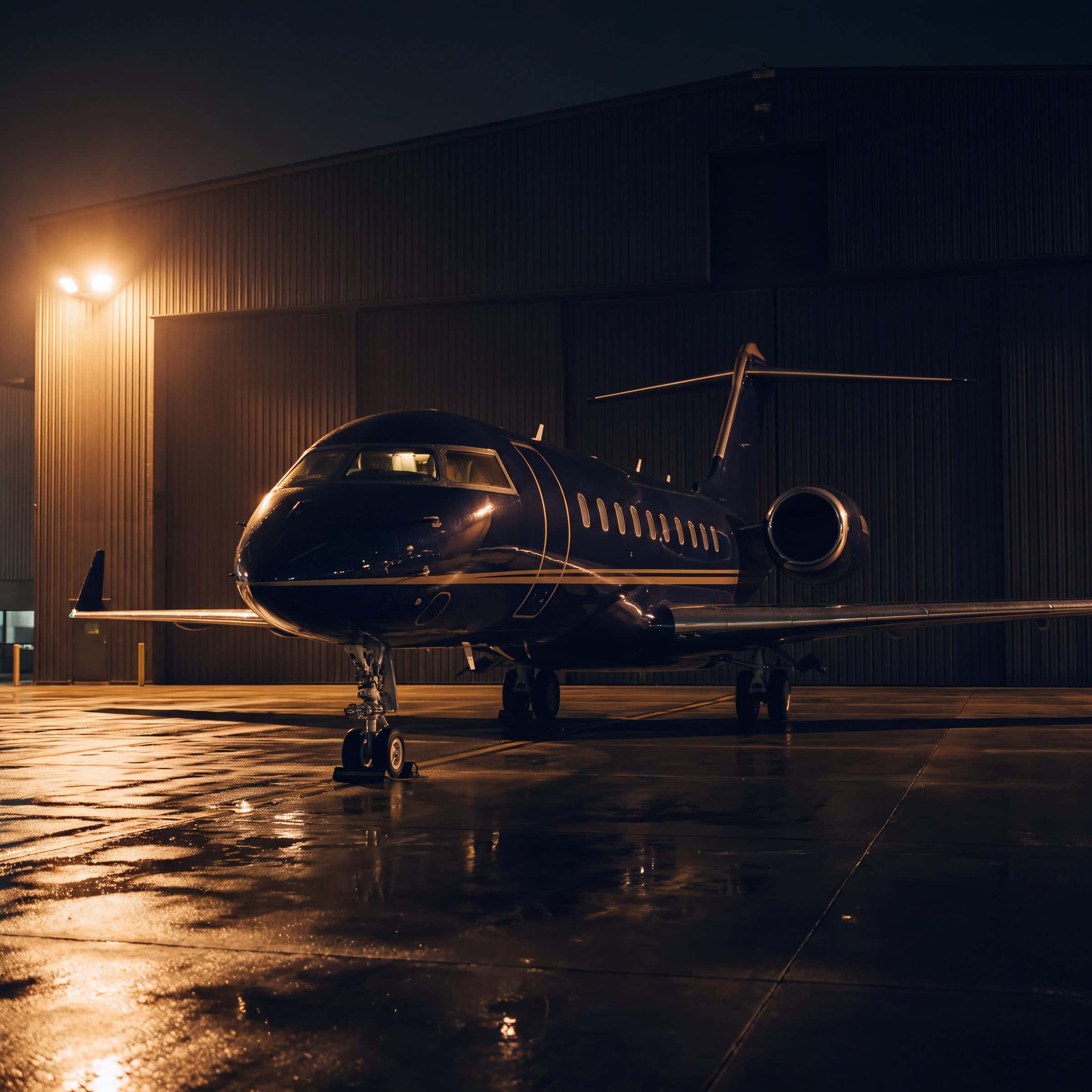 Un jet privado en la plataforma, de noche